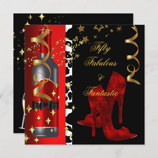 50 & Fabulous Fantastic Red Black Gold Birthday Invitation (Front/Back)