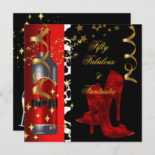 50 & Fabulous Fantastic Red Black Gold Birthday Invitation