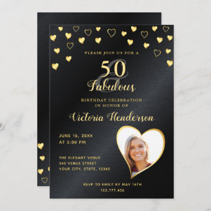 50 & Fabulous Faux Black Metallic & Gold Birthday Invitation