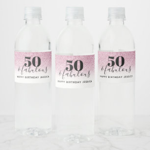 50 & Fabulous Faux Hot Pink Glitter Birthday Water Bottle Label