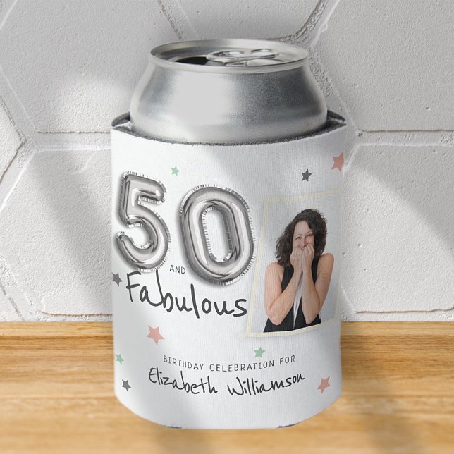 50 & Fabulous Foil Balloon Stars Photo Birthday Can Cooler (Creator Uploaded)