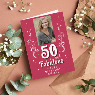 50 & Fabulous Foliage Magent 50th Birthday Photo Card