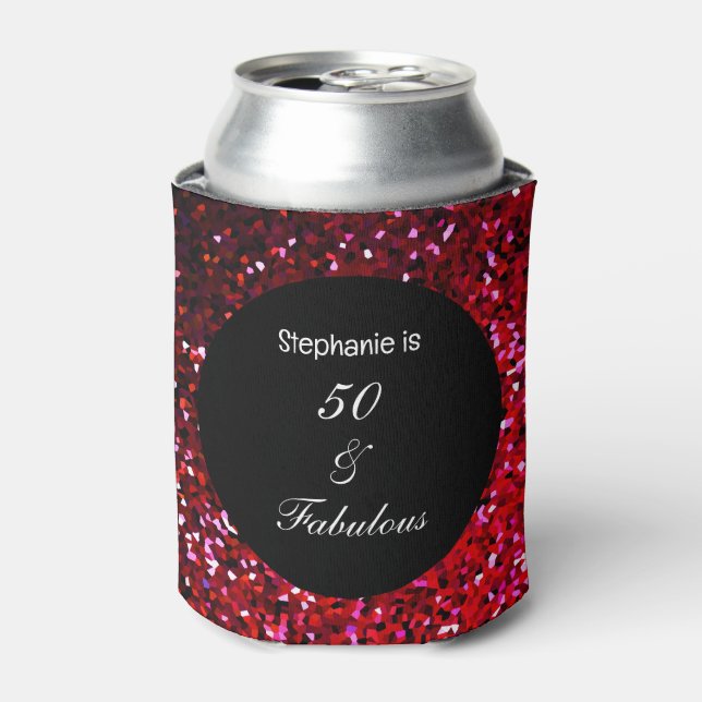 50 Fabulous Glitter Birthday Burgundy Red Pink  Can Cooler (Can Front)