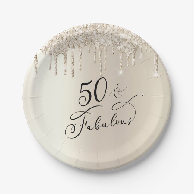 50 Fabulous Glitter Gold Champagne Birthday Party Paper Plate (Front)