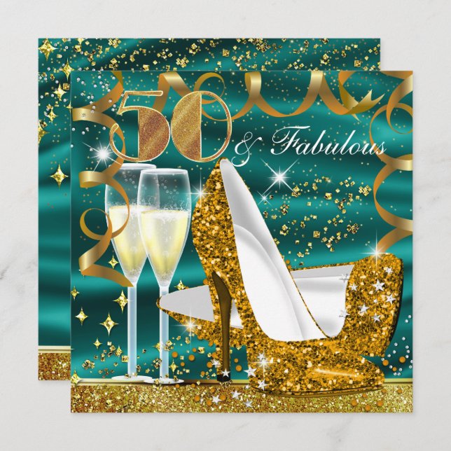 50 Fabulous Glitter Gold Jade Birthday Invite (Front/Back)