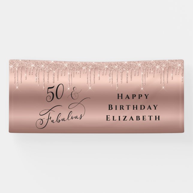 50 Fabulous Glitter Rose Gold Birthday Party Banner (Horizontal)