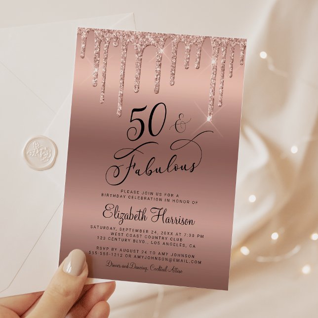 50 Fabulous Glitter Rose Gold Birthday Party Invitation (50 & Fabulous: Toast to a Life Well Celebrated!)