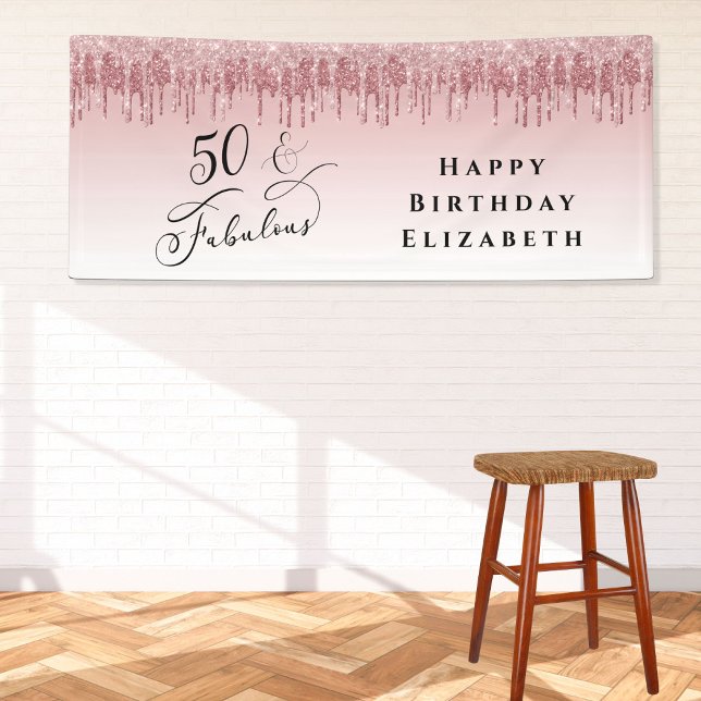 50 Fabulous Glitter Rose Gold Pink Birthday Party Banner (Creator Uploaded)