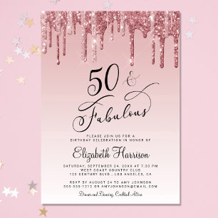50 Fabulous Glitter Rose Gold Pink Birthday Party Invitation