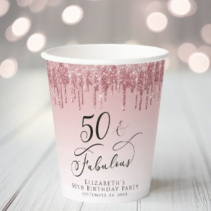 50 Fabulous Glitter Rose Gold Pink Birthday Party Paper Cups