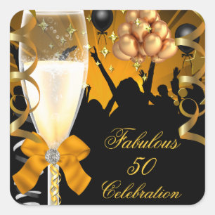 50 & Fabulous Gold Black Birthday Champagne Square Sticker