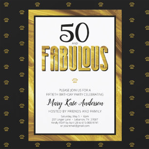 50 Fabulous Gold Black Metallic Modern Birthday Invitation