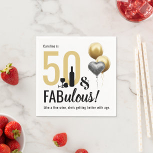 50 & Fabulous Gold & Black Modern Birthday Napkin