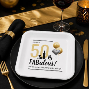 50 & Fabulous Gold & Black Modern Birthday Paper Plate