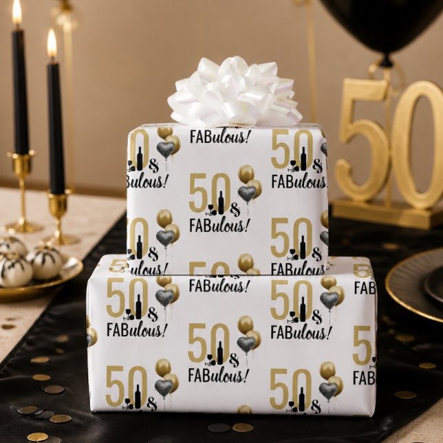 50 & Fabulous Gold & Black Modern Gift Wrap (Creator Uploaded)