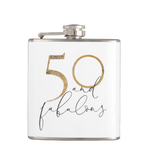 50 & Fabulous Gold Black & White 50th Birthday Hip Flask