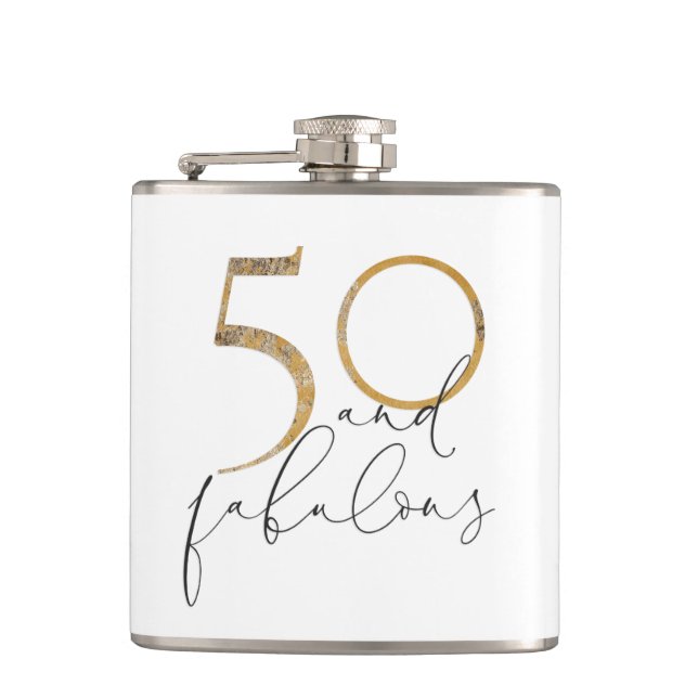 50 & Fabulous Gold Black & White 50th Birthday Hip Flask (Front)