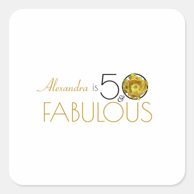 50 & Fabulous Gold & Black Yellow Cactus Flower Square Sticker (Front)