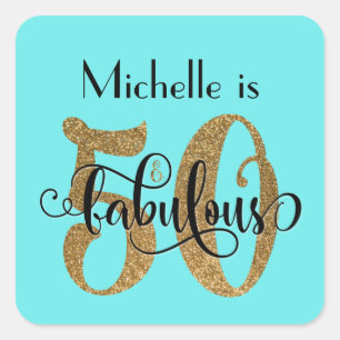 50 & Fabulous Gold Glitter Birthday Aqua Square Sticker