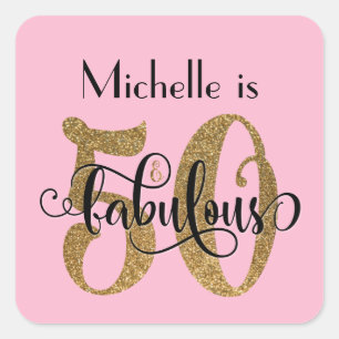 50 & Fabulous Gold Glitter Birthday Light Pink Square Sticker
