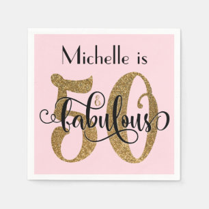 50 & Fabulous Gold Glitter Birthday Pastel Pink Napkin