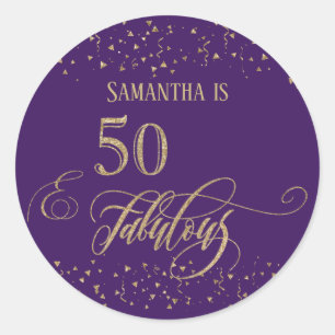 50 & Fabulous Gold Glitter Confetti, Deep Purple Classic Round Sticker