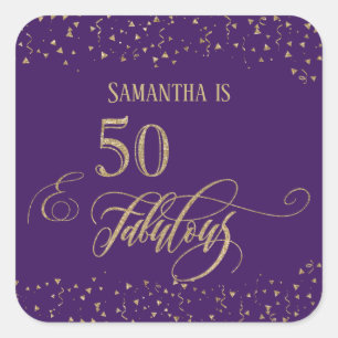 50 & Fabulous Gold Glitter Confetti, Deep Purple Square Sticker