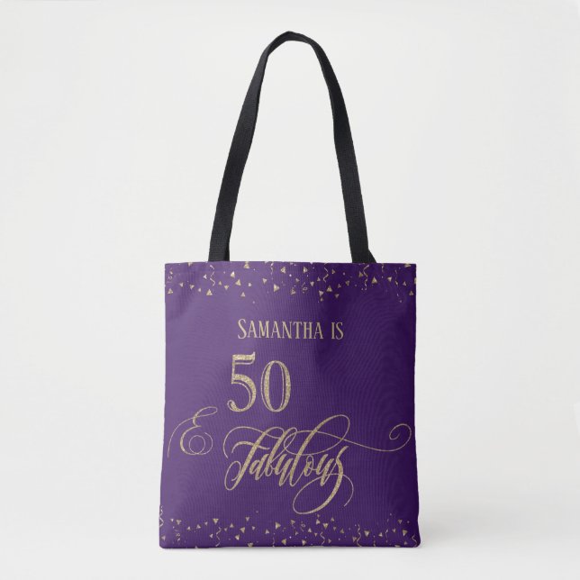 50 & Fabulous Gold Glitter Confetti, Deep Purple Tote Bag (Front)