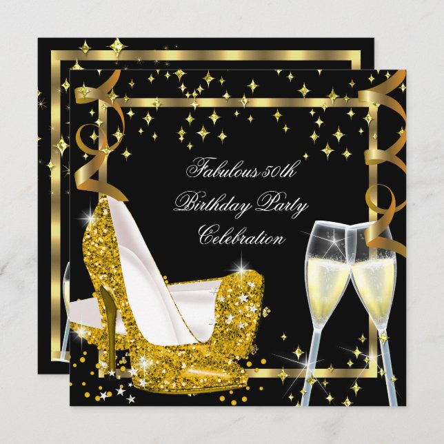 50 Fabulous Gold Glitter High Heels Birthday 3 Invitation (Front/Back)