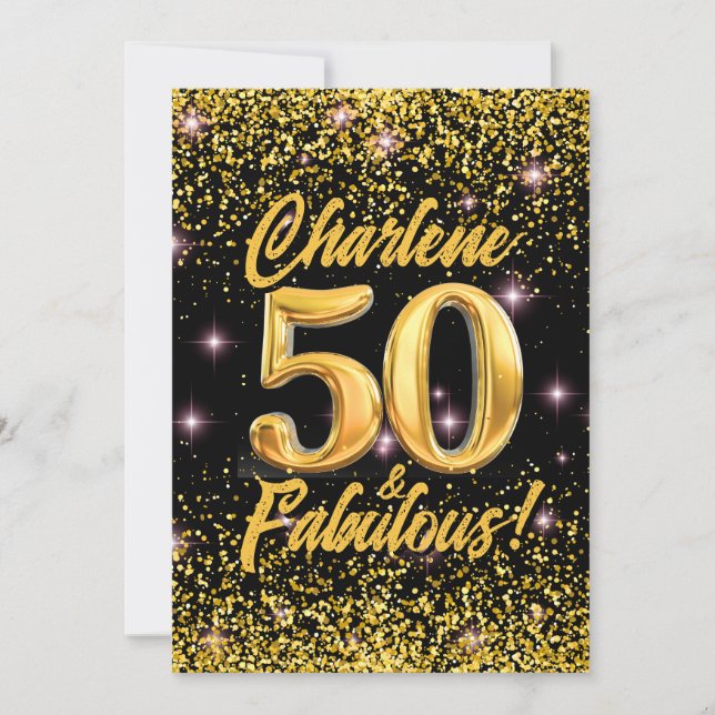 50 Fabulous Gold Glitter Pink Stars 50th Birthday Invitation (Front)