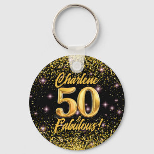 50 Fabulous Gold Glitter Pink Stars 50th Birthday Key Ring