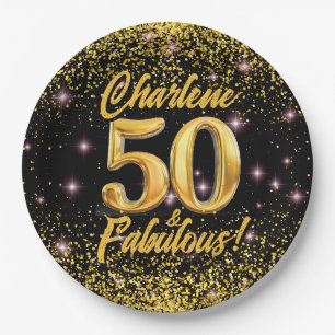 50 Fabulous Gold Glitter Pink Stars 50th Birthday Paper Plate