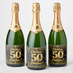 50 Fabulous Gold Glitter Pink Stars 50th Birthday Sparkling Wine Label