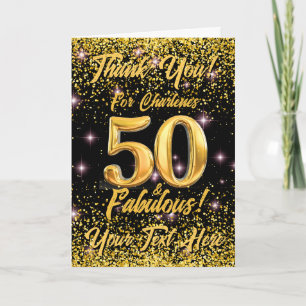 50 Fabulous Gold Glitter Pink Stars 50th Birthday Thank You Card
