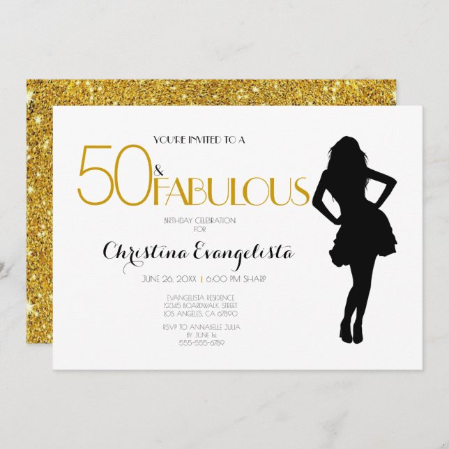 50 & Fabulous Gold Glitter with Modern Silhouette Invitation (Front/Back)