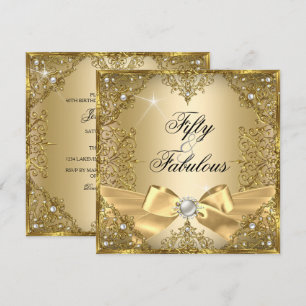 50 Fabulous Gold Pearl Bow 50th Birthday Invitation