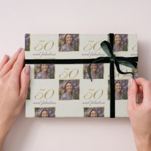 50 & Fabulous Gold Photo Portrait Birthday Wrapping Paper
