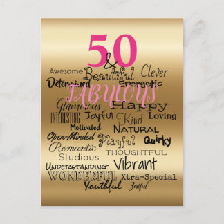 50 & Fabulous Gold Pink Black Birthday Typography Invitation Postcard