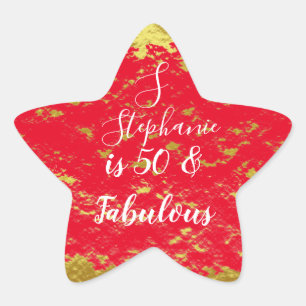 50 & Fabulous Gold Red Glitter Monogram Initials Star Sticker
