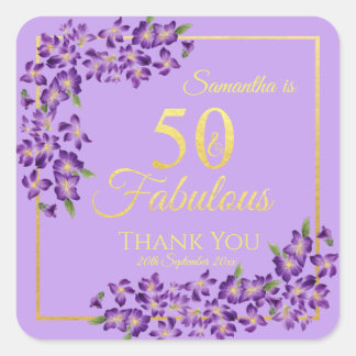 50 & Fabulous Gold Violet Flowers 50th Birthday  Square Sticker