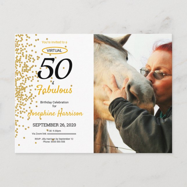 50 & Fabulous Gold Virtual Birthday Invitation Postcard (Front)