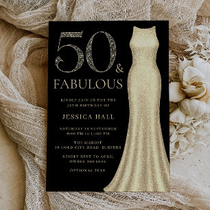 50 & Fabulous Golden Sparkle Dress 50th Birthday Invitation