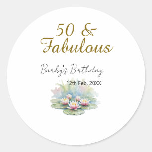 50 & fabulous golden water lotus lily watercolor classic round sticker