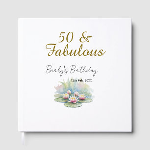 50 & fabulous golden water lotus lily watercolor guest book