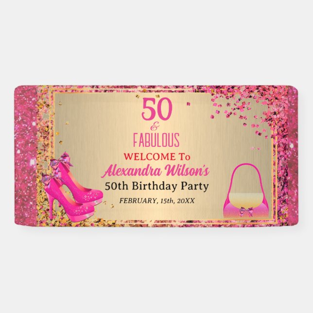 50& Fabulous High Heels Gold Hot Pink Glitter Glam Banner (Horizontal)
