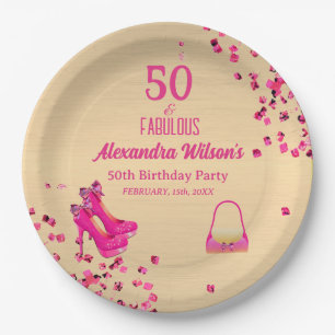 50& Fabulous High Heels Gold Hot Pink Glitter Glam Paper Plate