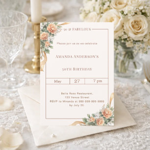 50 fabulous ivory peach gold florals birthday invitation