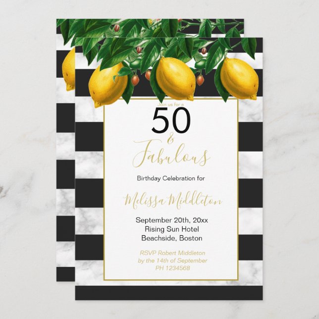50 Fabulous Lemon Black White Stripe Marble  Invitation (Front/Back)