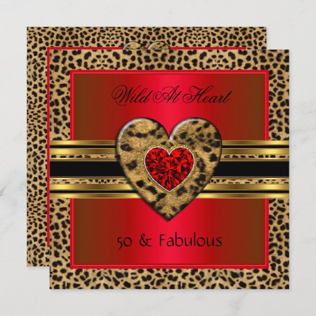 50 & fabulous Leopard Wild At Heart Black Gold Red Invitation (Front/Back)