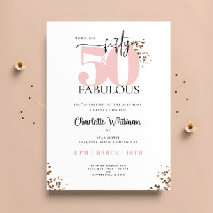 "50 & Fabulous" Minimal Pink and Black Glitter Invitation
